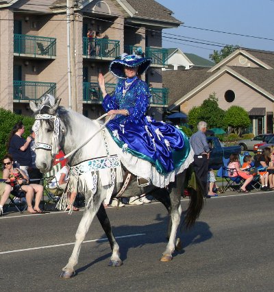 [Lady in blue southern dress and hat on a white horse.]